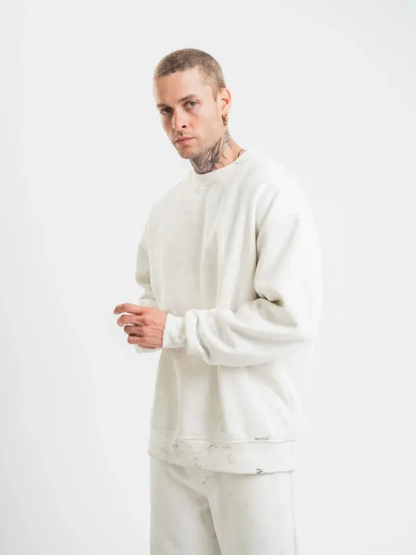 Men's White 3-Thread Cotton Washed Crew Neck Sweatshirt 5