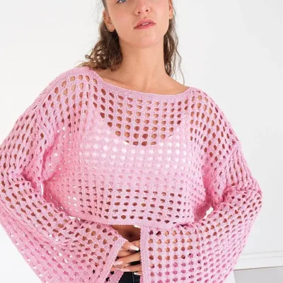 Ženska španski rukav široka kragna ažurna široka crop triko bluza 3