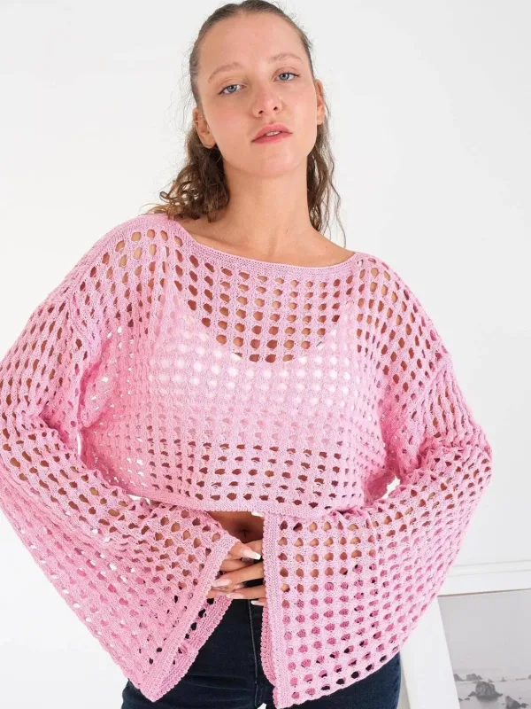 Ženska španski rukav široka kragna ažurna široka crop triko bluza 3