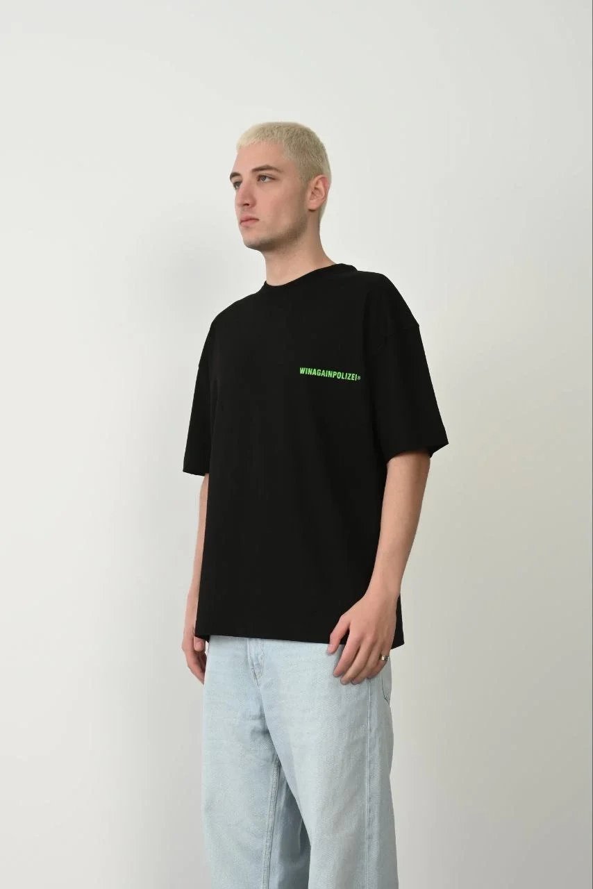 Erkek Siyah Oversize Bisiklet Yaka Baskılı Tişört