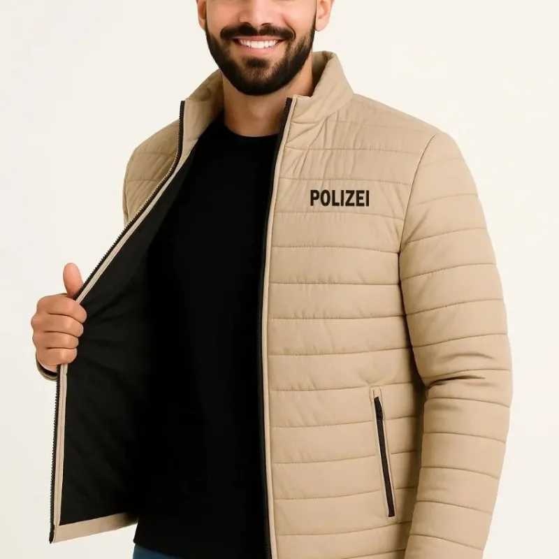 Men's Beige Micro Water-Repellent Quilted Printed Zippered Bomber Jacket