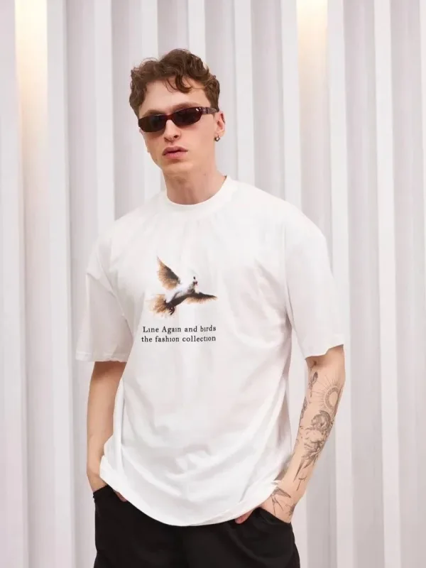 Pánské černé oversized letní tričko s potiskem a kulatým výstřihem