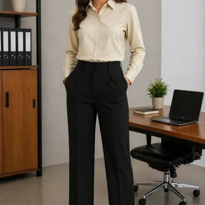Women's Beige Buttoned Classic Collar Long Sleeve Shirt 4