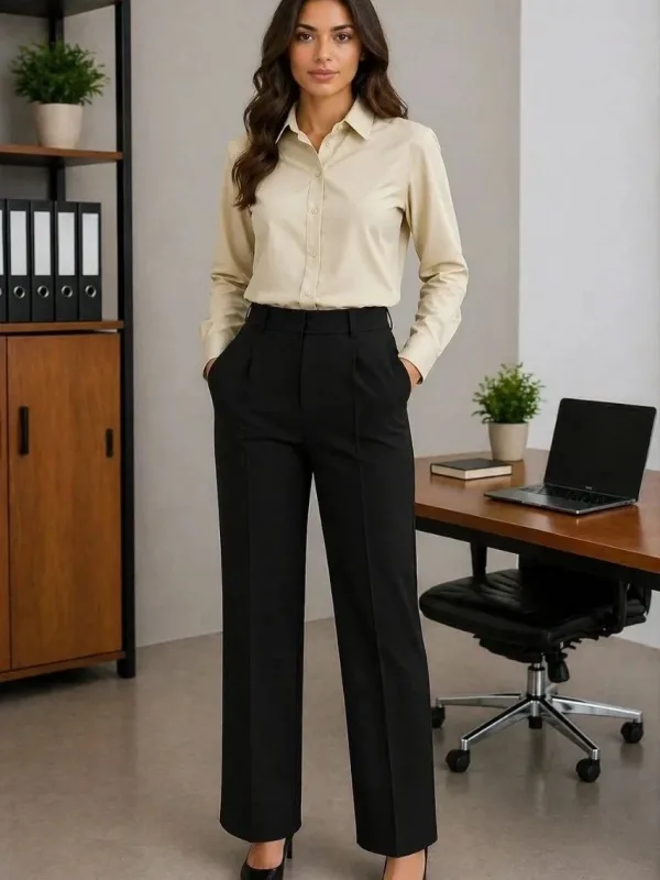 Women's Beige Buttoned Classic Collar Long Sleeve Shirt 4