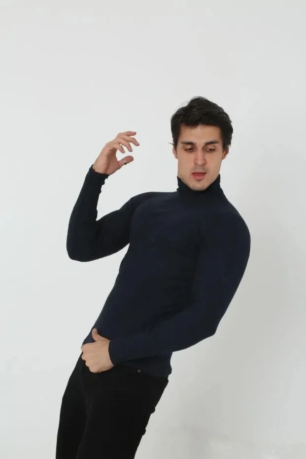 Férfi Fekete Slim Fit Likralı Bordázott Turtleneck Body 1