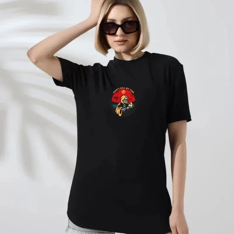 Γυναικείο Μαύρο Oversize Στρογγυλό Λαιμό Τυπωμένο Κοντομάνικο Μπλουζάκι