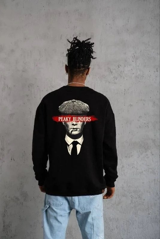 Erkek Siyah Oversize 3 İplik Pamuklu Baskılı Bisiklet Yaka Sweatshirt