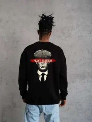 Men's Black Oversize 3-Thread Cotton Printed Crew Neck Sweatshirt