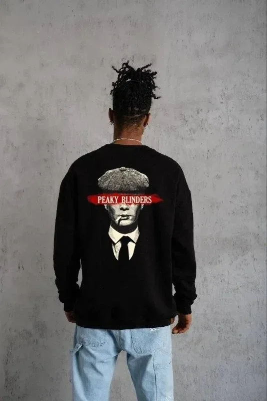 Sweatshirtê Mêran ê Reş Oversize 3 Têl Pembû Bi Stûyê Bisîkletê, Çapkirî 1