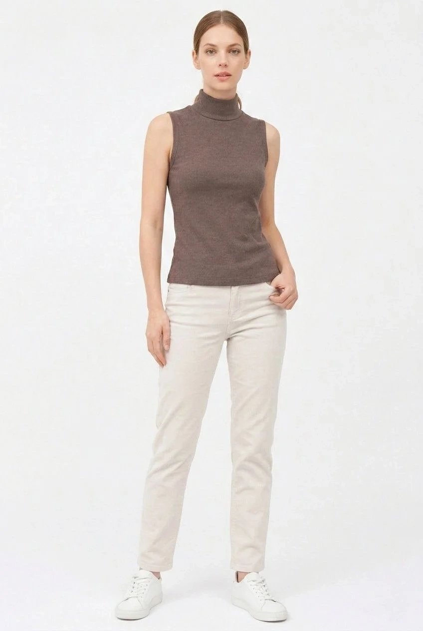 Women's Brown Ribbed Half Turtleneck Bodysuit Blouse 3