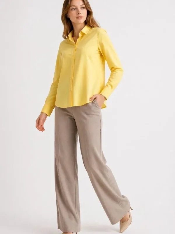 Women's Yellow Long Sleeve Buttoned Classic Collar Daily Office Shirt 2