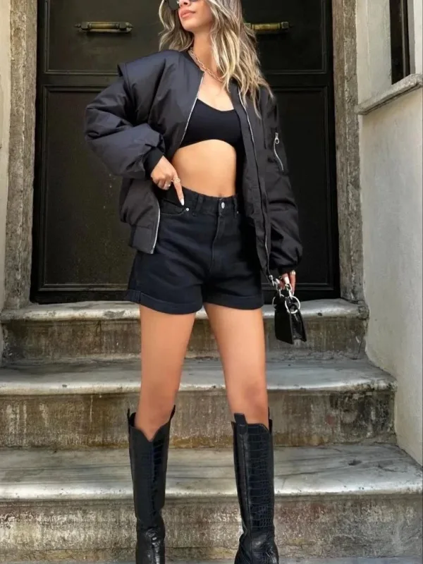 Dámska čierna oversize bomber bunda na zips 5