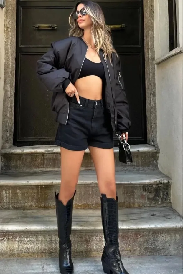 Kadın Siyah Oversize Fermuarlı Sokak Modası Bomber Ceket 5