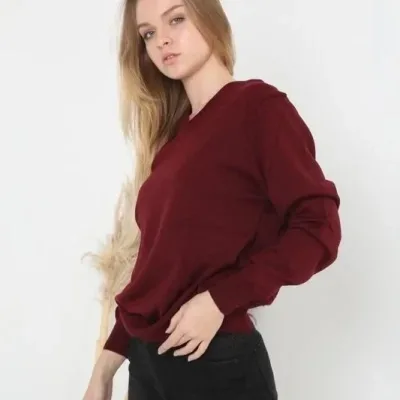 Women's Burgundy V-Neck Long Sleeve Plain Knit Sweater 2