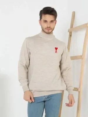 Muški Bež Polu Visoki Printani Triko Džemper