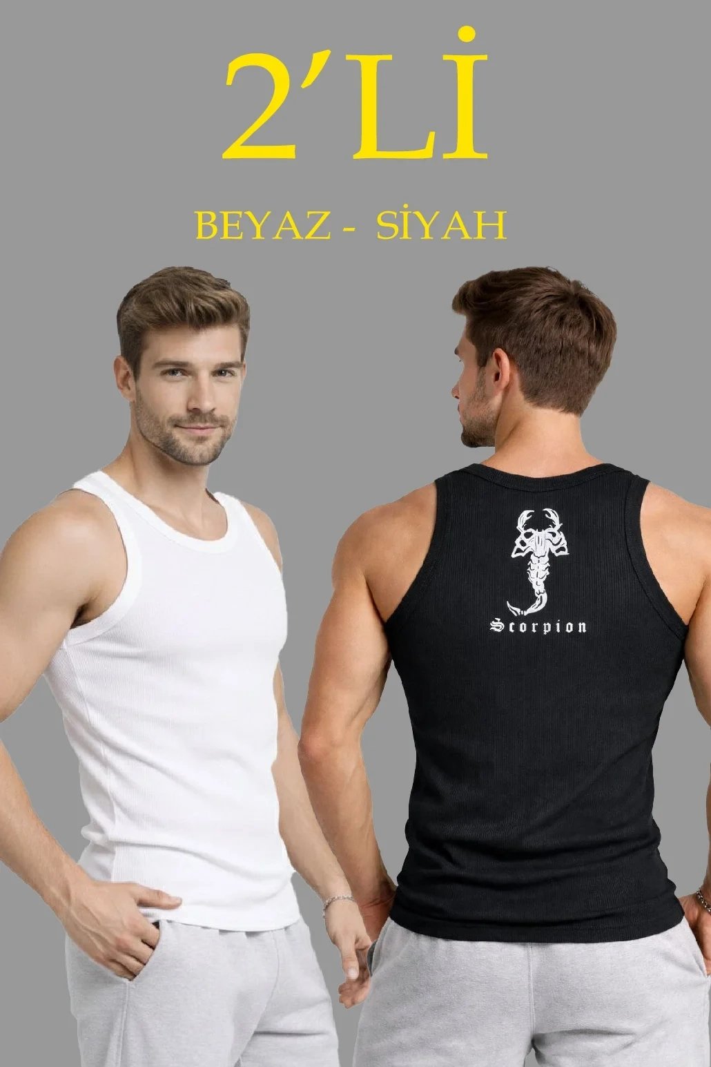 Erkek 2'li Set Slimfit Fitilli Kaşkorse Arka Baskılı Atlet