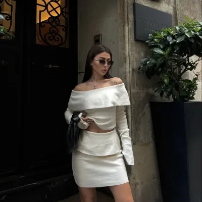 Qadın Ağ Straplez Carmen Yaka Croplu Mini Etekli Triko Dəst 2