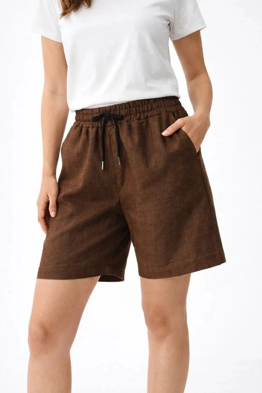 Women's Brown Linen Fabric Pocket Relaxed Waist Elastic Shorts
