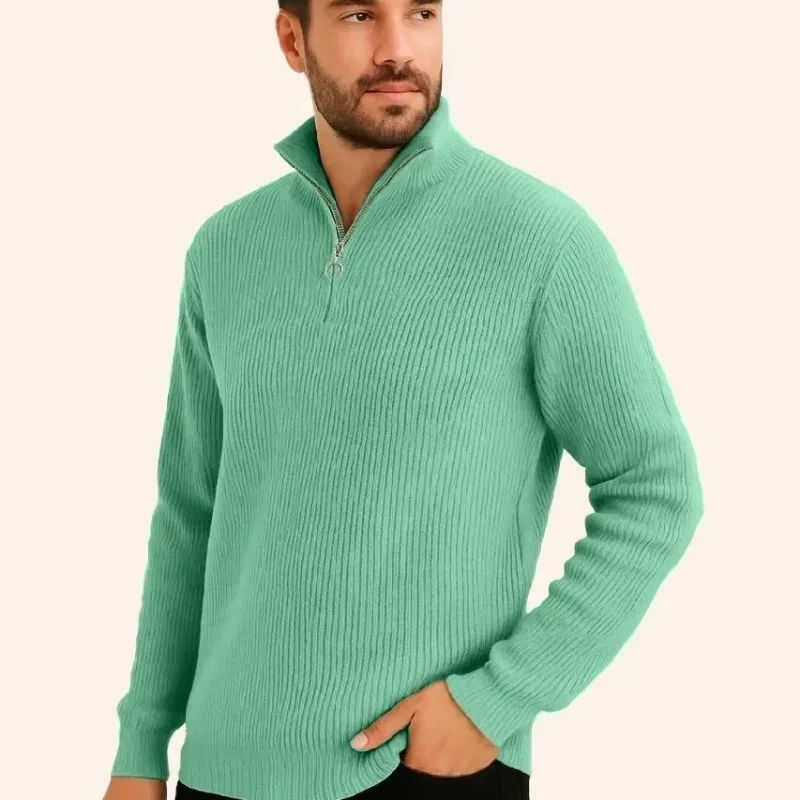 Men's Mint Green Stand Collar Half Zip Selanik Knit Sweater