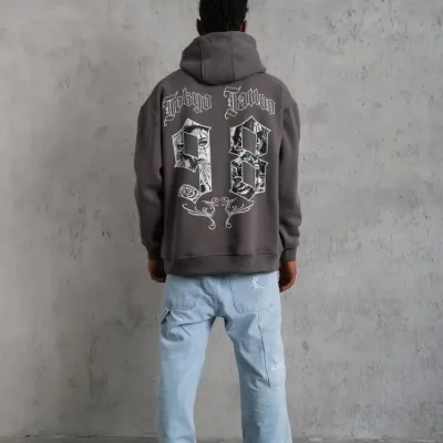 Pánské šedé oversized kapucové 3-nitní bavlněné potištěné mikiny s kapsou 4