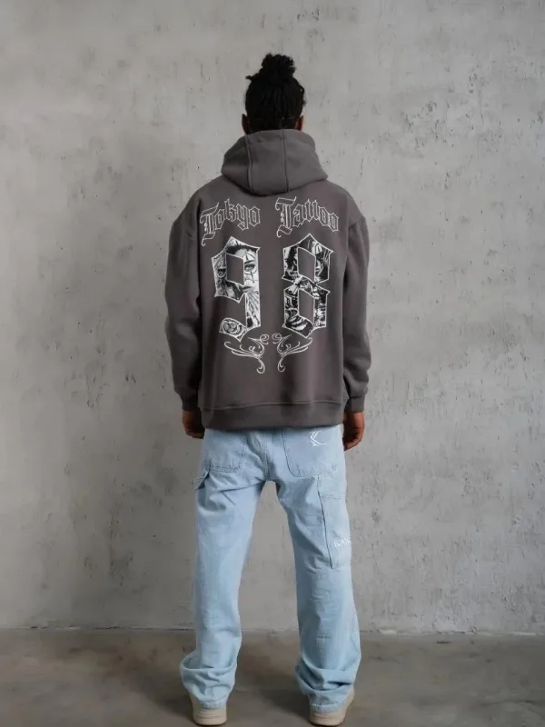 Pánské šedé oversized kapucové 3-nitní bavlněné potištěné mikiny s kapsou 4