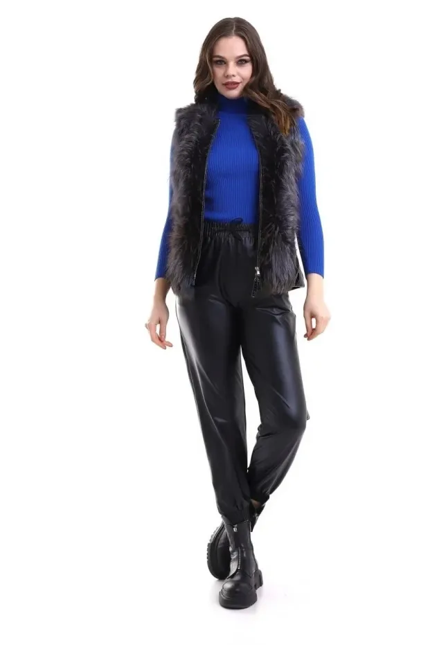 Women's Black Genuine Sheepskin Zippered Fox Fur 1