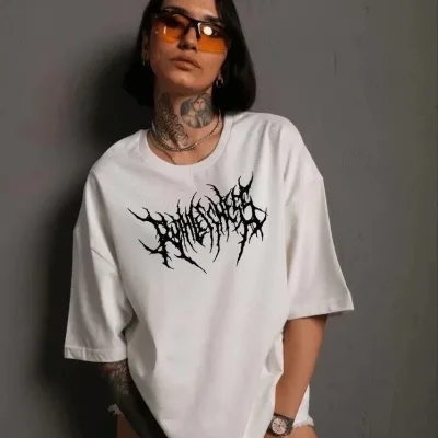 Femeie Tricou Alb Oversize cu Guler Bicicletă, Imprimare 2