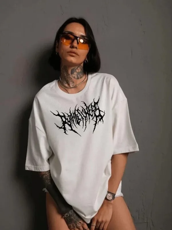 Femeie Tricou Alb Oversize cu Guler Bicicletă, Imprimare 2