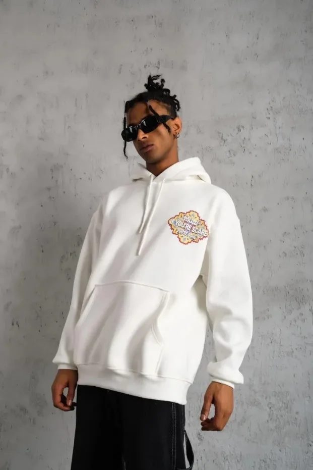 Pánské bílé oversized 3-nitní bavlněné kapucové potištěné mikiny 2
