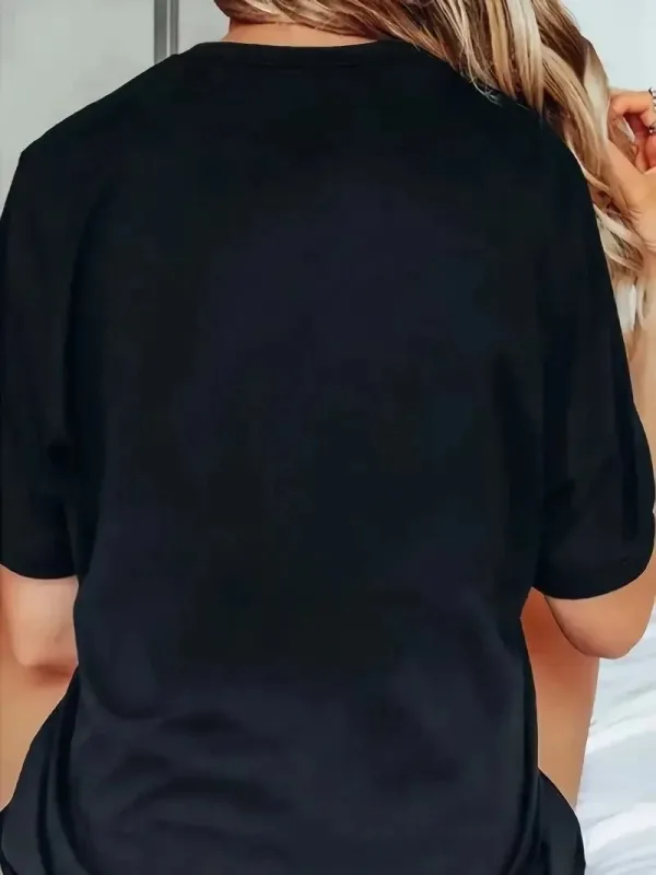 Women's Black Oversize Cycling Neck Printed Summer T-Shirt 2
