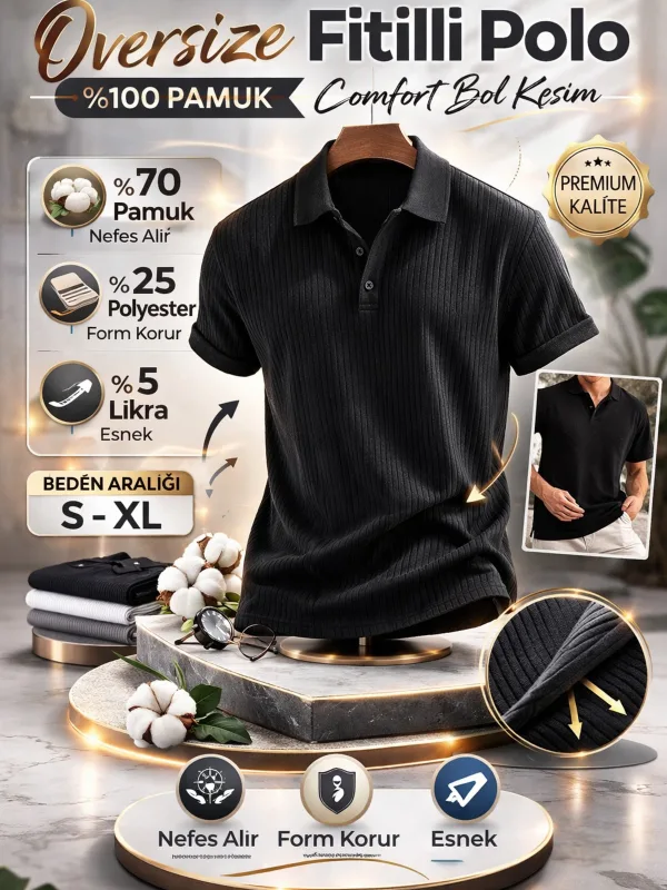 T-Shirt Burrash Jakë Polo Pambuk Oversize Brinjë i Zi