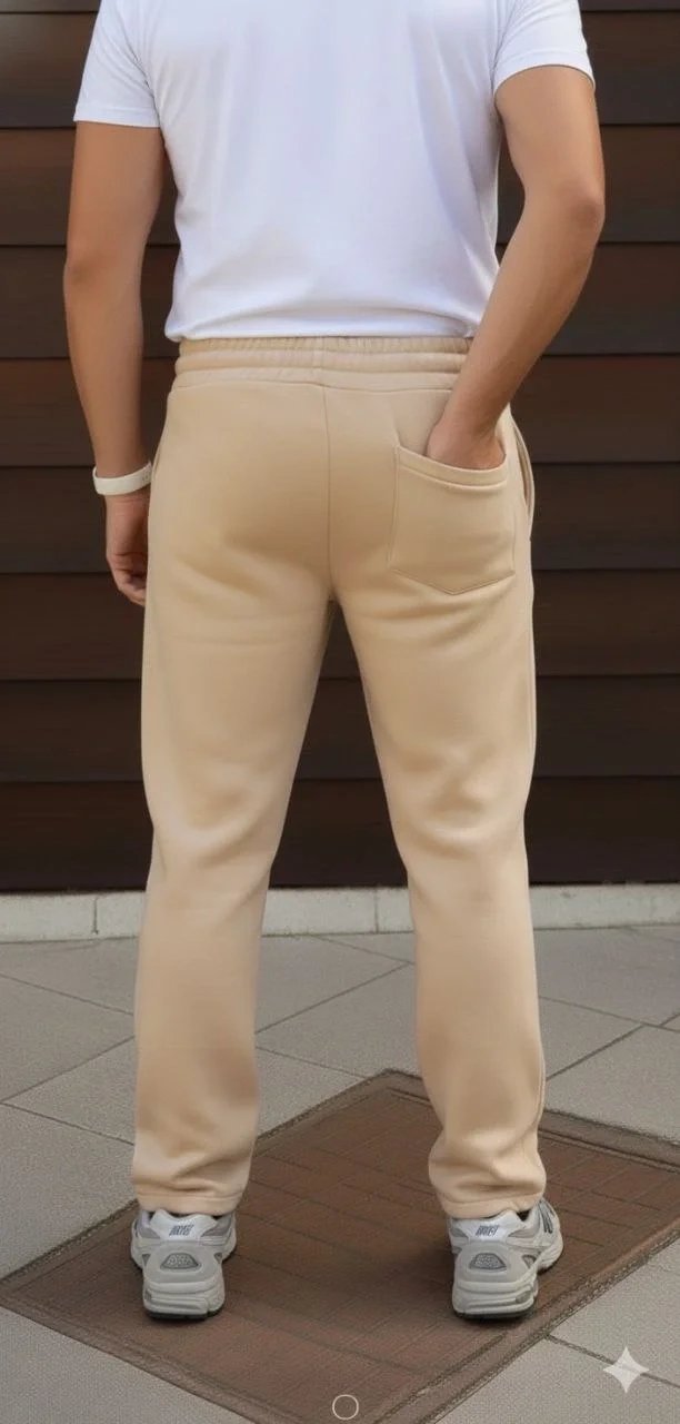 Pantallona sportive për meshkuj, bezhë, oversize, me 3 fije, pambuk, me lidhëse, me xhepa 2