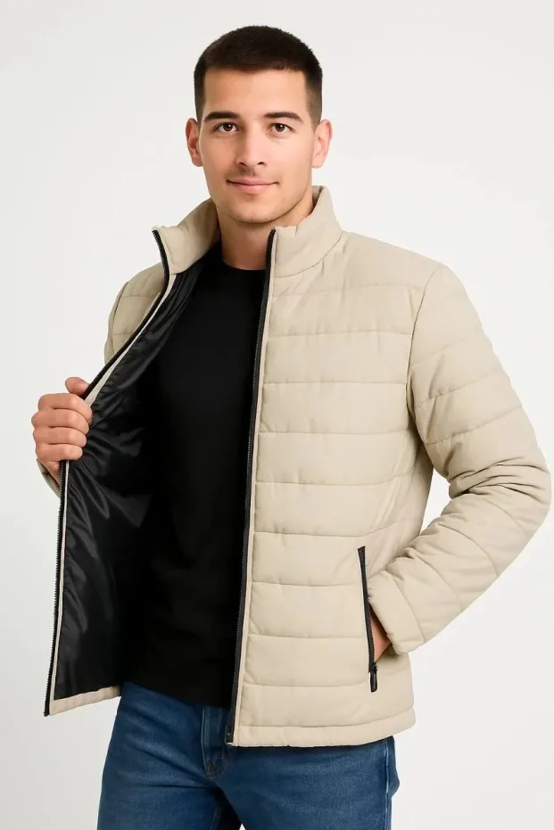 Men's Beige Water-Repellent Quilted Lined Zippered Bomber Jacket with Pockets 1