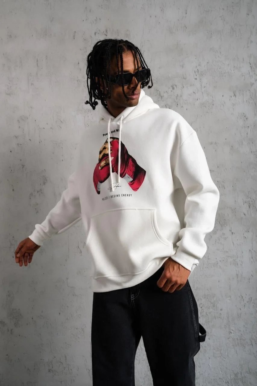 Erkek Beyaz Oversize Kapüşonlu Baskılı 3 İplik Sweatshirt 3