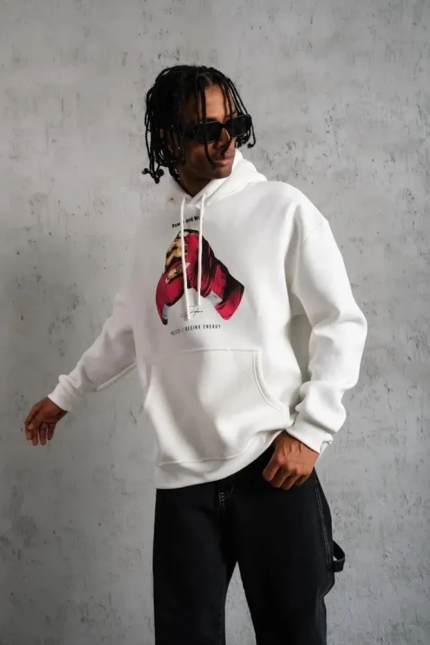 Erkek Beyaz Oversize Kapüşonlu Baskılı 3 İplik Sweatshirt 3