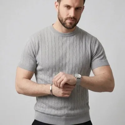 Men's Gray Bicycle Neck Knit Patterned T-Shirt 4