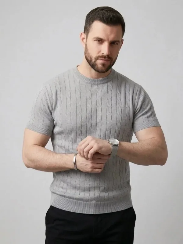 Men's Gray Bicycle Neck Knit Patterned T-Shirt 4