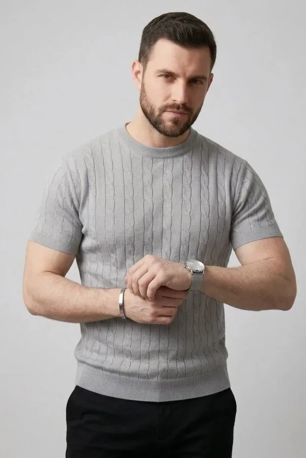 Erkek Gri Oversize Bisiklet Yaka Örgü Desenli Triko Tişört 4