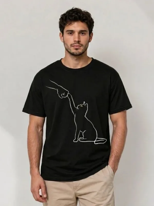 Murš Črno Minimal Mačka Crtanje Print Kratko Rokav Majica 2