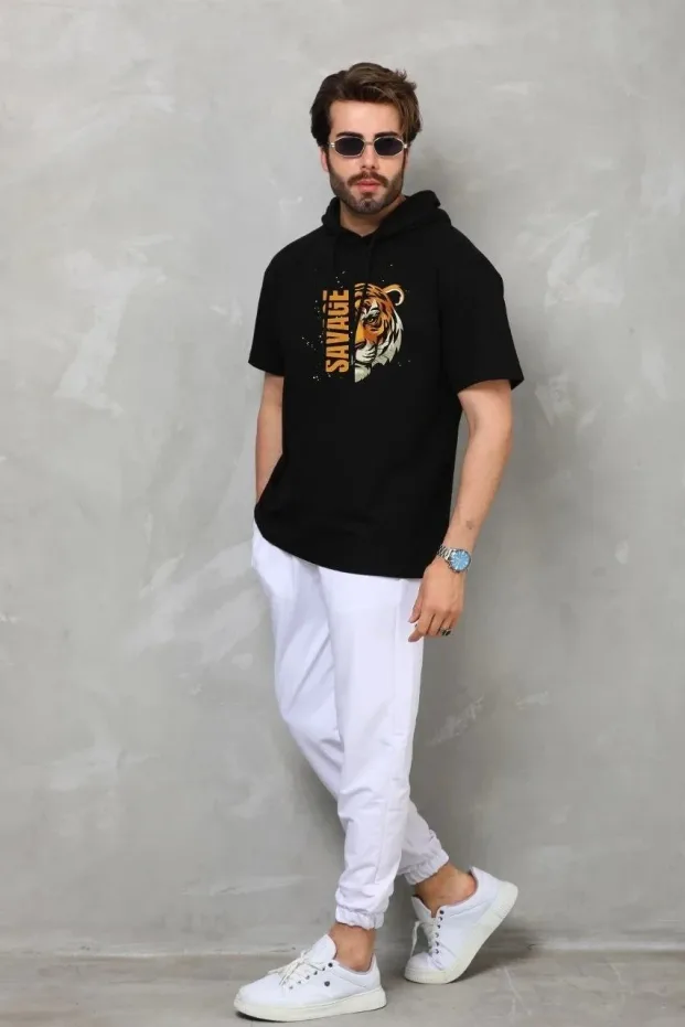 Erkek Siyah Oversize Kapüşonlu Kısa Kol Baskılı Tişört 1