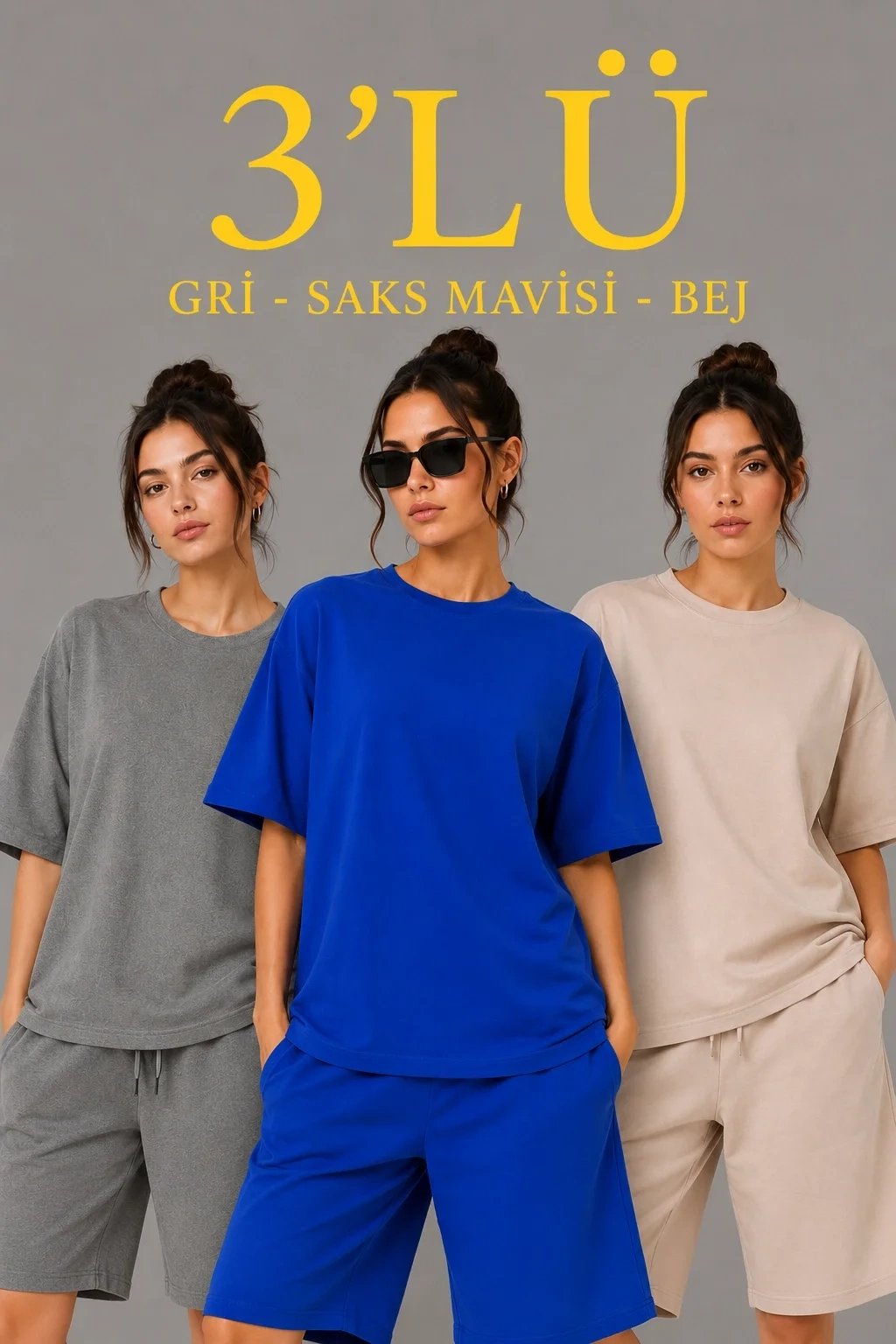 Kadın 3'lü Set Oversize İki İplik Tişört Şort Takım