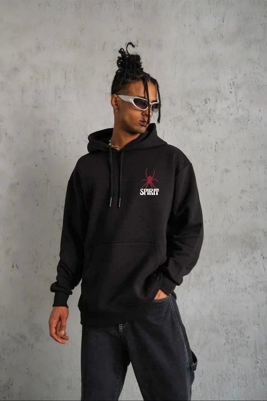 Erkek Siyah Oversize 3 İplik Pamuklu Baskılı Kapüşonlu Sweatshirt