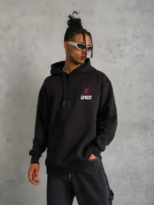 Men's Black Oversize 3-Thread Cotton Printed Hooded Sweatshirt