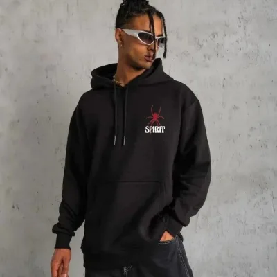 Sweatshirtê Mêran ê Reş Oversize 3 Têl Pembû Bi Kapsûn, Çapkirî 1