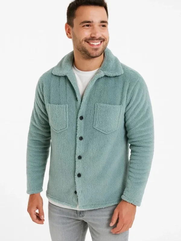 Men's Baby Blue Shirt Collar Plush Fleece Button Pocket Cardigan