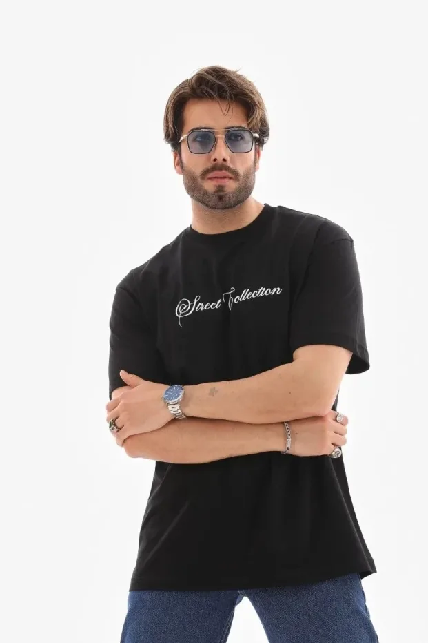 Muška crna oversized bicikli kragna štampana letnja majica 3