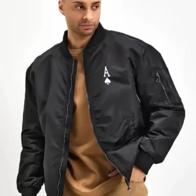 Men's Black Bomber Jacket Printed Zippered Pocket Quilted Lined Winter 2