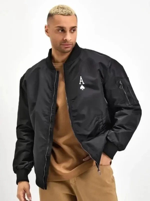 Men's Black Bomber Jacket Printed Zippered Pocket Quilted Lined Winter 2