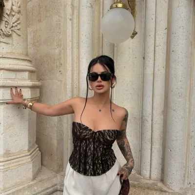Kadın Kahverengi Transparan Dantel Korse Straplez Crop Top 3