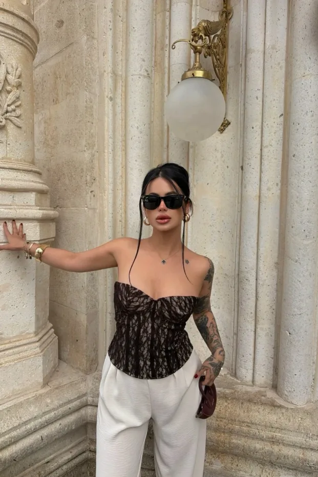 Kadın Kahverengi Transparan Dantel Korse Straplez Crop Top 3